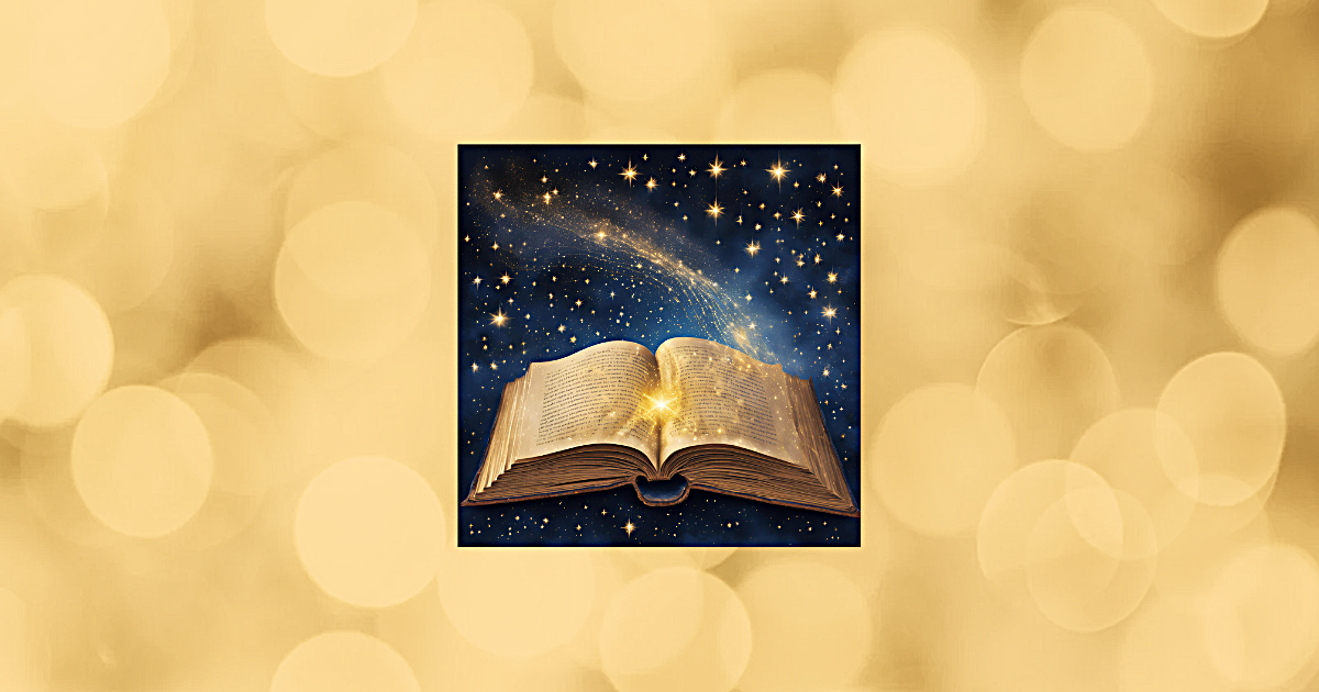 Symbolisches Bild eines offenen Buches, aus dem Licht und Sterne aufsteigen. Es steht für den Beginn einer persönlichen Buchreise und innere Transformation.