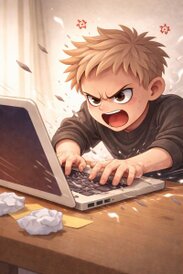 Illustration eines wütenden inneren Kritikers, der verärgert und hektisch auf eine Laptop-Tastatur tippt, während Papierknäuel auf dem Tisch liegen.